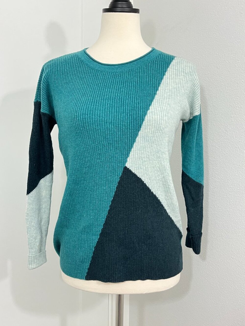 Smartwool XS Teal Blue & Green Geometric Colorblock Merino Wool Sweater